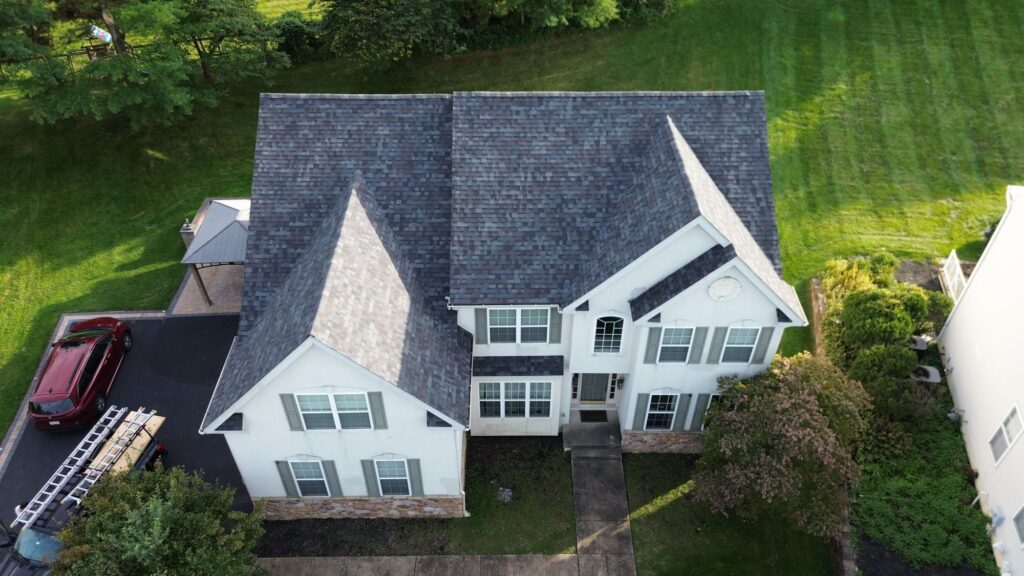 Aerial view of roof replacement in Avondale, PA